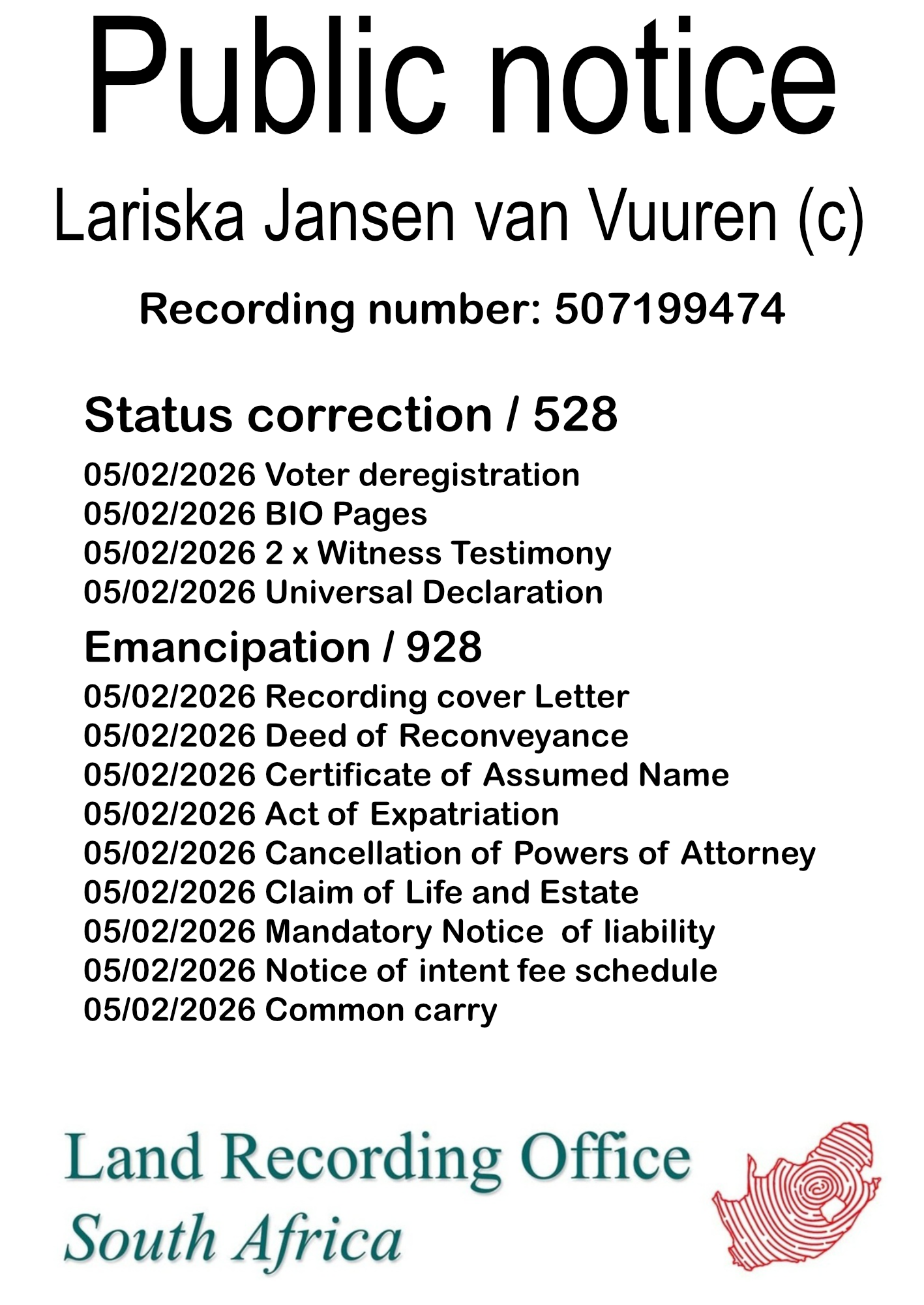 Public notice Lariska Jansen van Vuuren Recording number 507199474